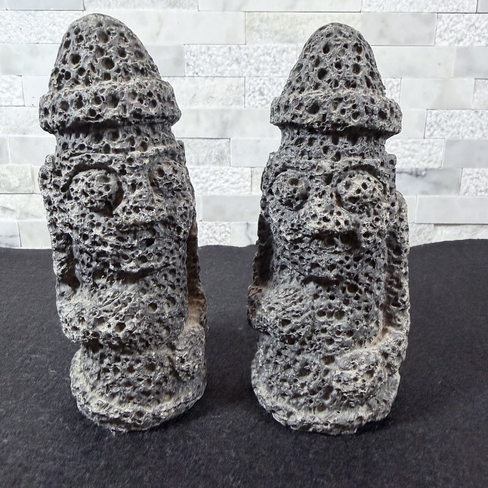 Pair of Jeju Island Dol Hareubang Lava Stone Statues - Korean Stone Grandfathers